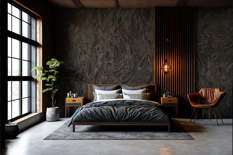 Modern industrial-style bedroom interior with concrete walls and