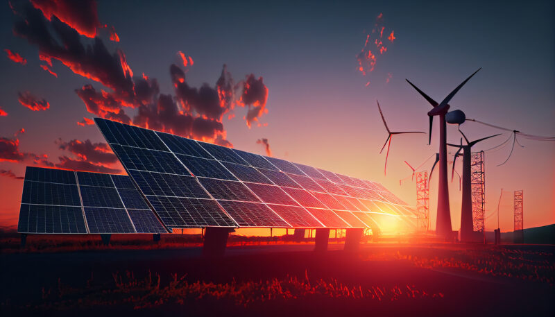 Solar energy power panels station and wind turbine at sunset